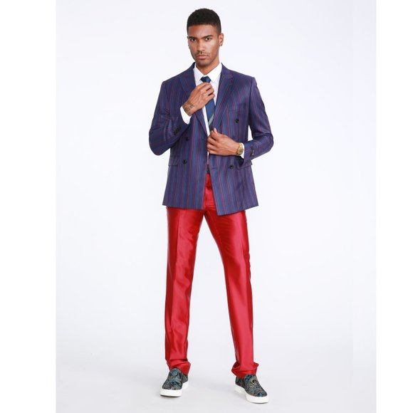 Mens Streak Pinstriped 2pc Double Breasted Suit, Blue w/ Red and White Stripes - Picture 8 of 9